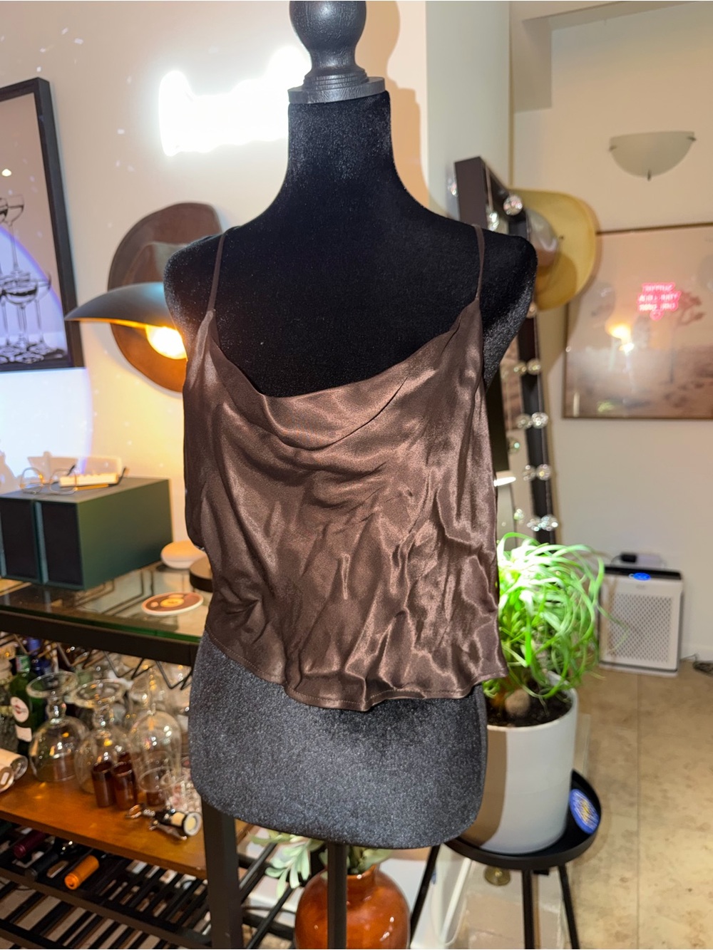 ZARA Satin Cowl Neck Brown Women's Tank Top